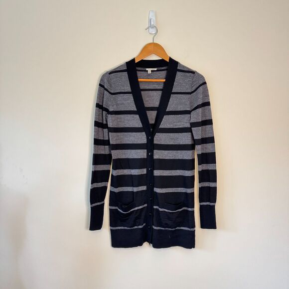 Halogen Women's 100% Merino Wool Black Grey Button Striped Cardigan Size Medium - Picture 1 of 6